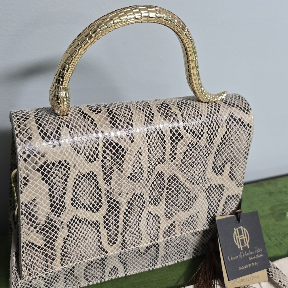 NWT Elegant Snake Skin House of Harlow 1960 Handbag with Gold Handle and Dustbag
